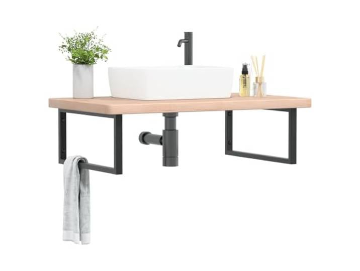 WXGTBKPR Waschtischplatte 100 x 60 x 4 cm aus massivem Eichenholz mit Stahlhalterung, Bad Waschtisch Konsole Wandmontage, Eiche Massivholzplatte für Waschbecken