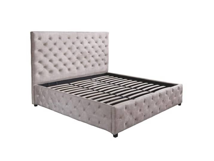 Boxbett PARIS - 180x200cm - champagner beige - Samt mit Stauraum Lattenrost Bettkasten, hohe Belastbarkeit, hohes Kopfteil, hoher Komfort, komfortable Rückenlehne, modernes Design, Rundumbezug