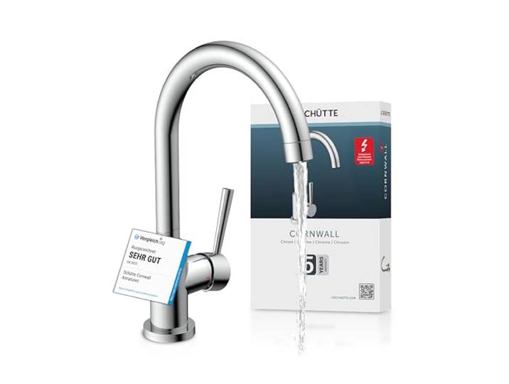 SCHÜTTE CORNWALL Küchenarmatur Niederdruck, Chrom, Einhebelmischer Spültischarmatur mit hohem Auslauf, 360 ° schwenkbar, Wasserhahn Küche, Armatur Spüle