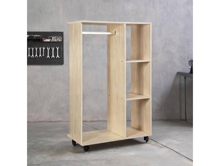 Armoire penderie mobile en panneaux de particules finition chêne clair avec penderie et étagères
