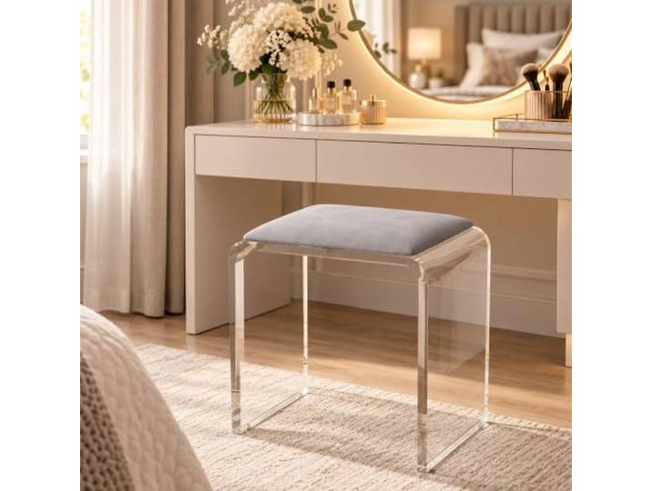 Transparenter Acryl Schminkhocker, Gepolsterter Sitz, Modernes Design Klare Acrylstruktur mit weichem Sitz für Schminktisch, Schlafzimmer, Bad und Ankleidezimmer(D)