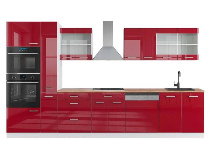 Küchenzeile Vicco R-Line Rot Hochglanz/Weiß 350 cm mit Hochschrank, AP Eiche, Model 42656