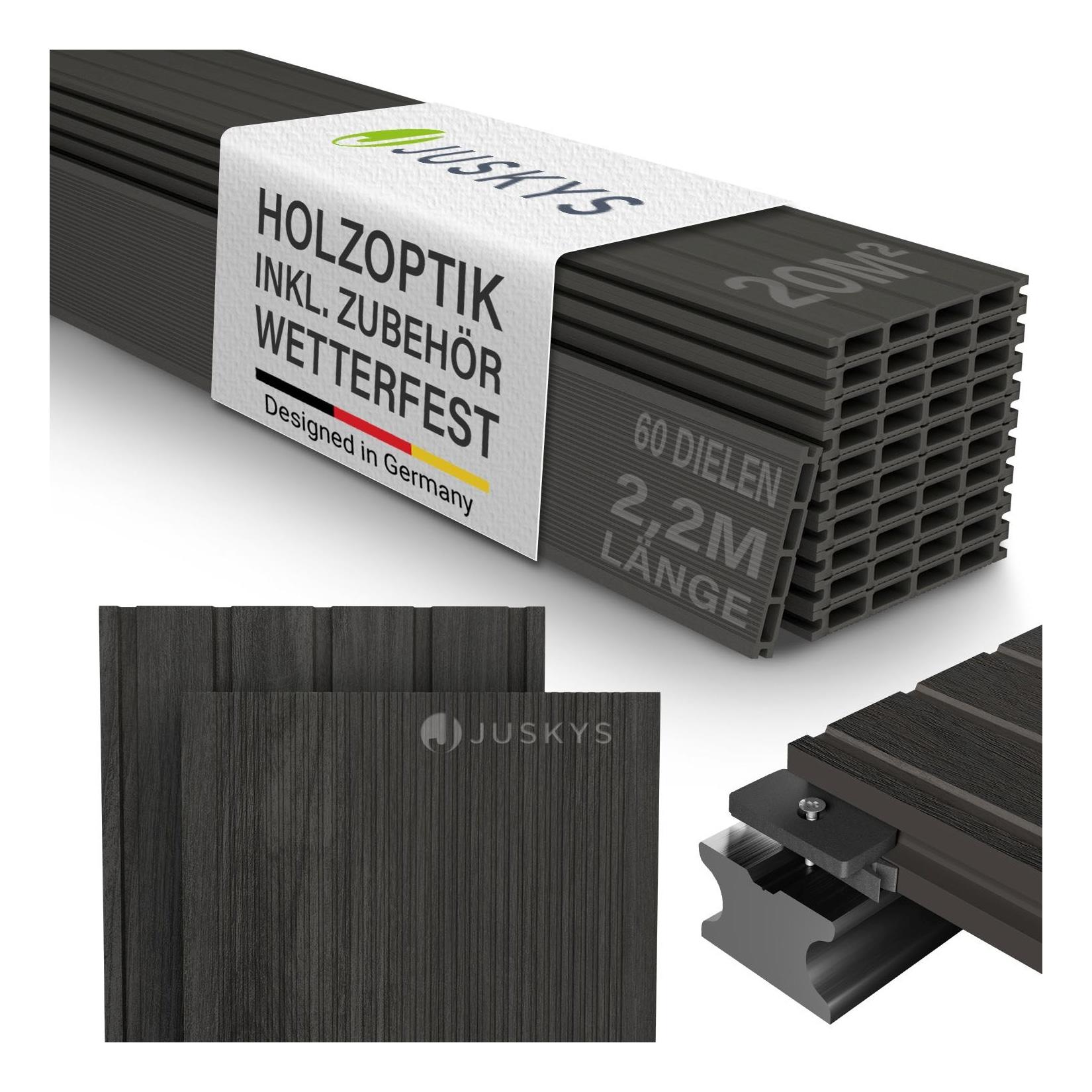 Juskys WPC Terrassendielen 20 m² – 220 cm Dielen, wetterfest inkl. Unterkonstruktion – Grau