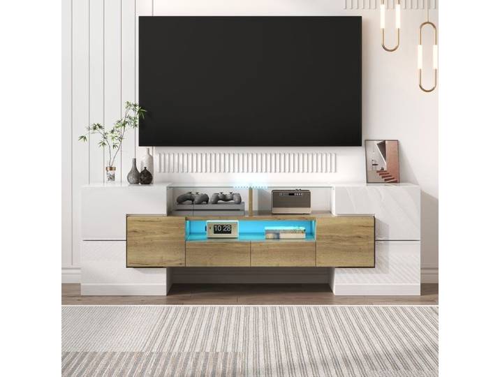 Meuble TV LED 145 cm Longueur Moderne Meuble Télé Haut pour Salon Banc TV avec Rangement Charge 60kg 150x30x50 cm Blanc & Bois