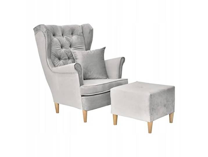 Family Meble Ohrensessel mit Hocker, Modell Gaja, Skandinavisch, Relaxsessel aus Webstoff, Loungesessel, Ohrensessel mit Hocker, Bequemer Sessel, Für Wohnzimmer, Esszimmer, Schlafzimmer, Hellgrau