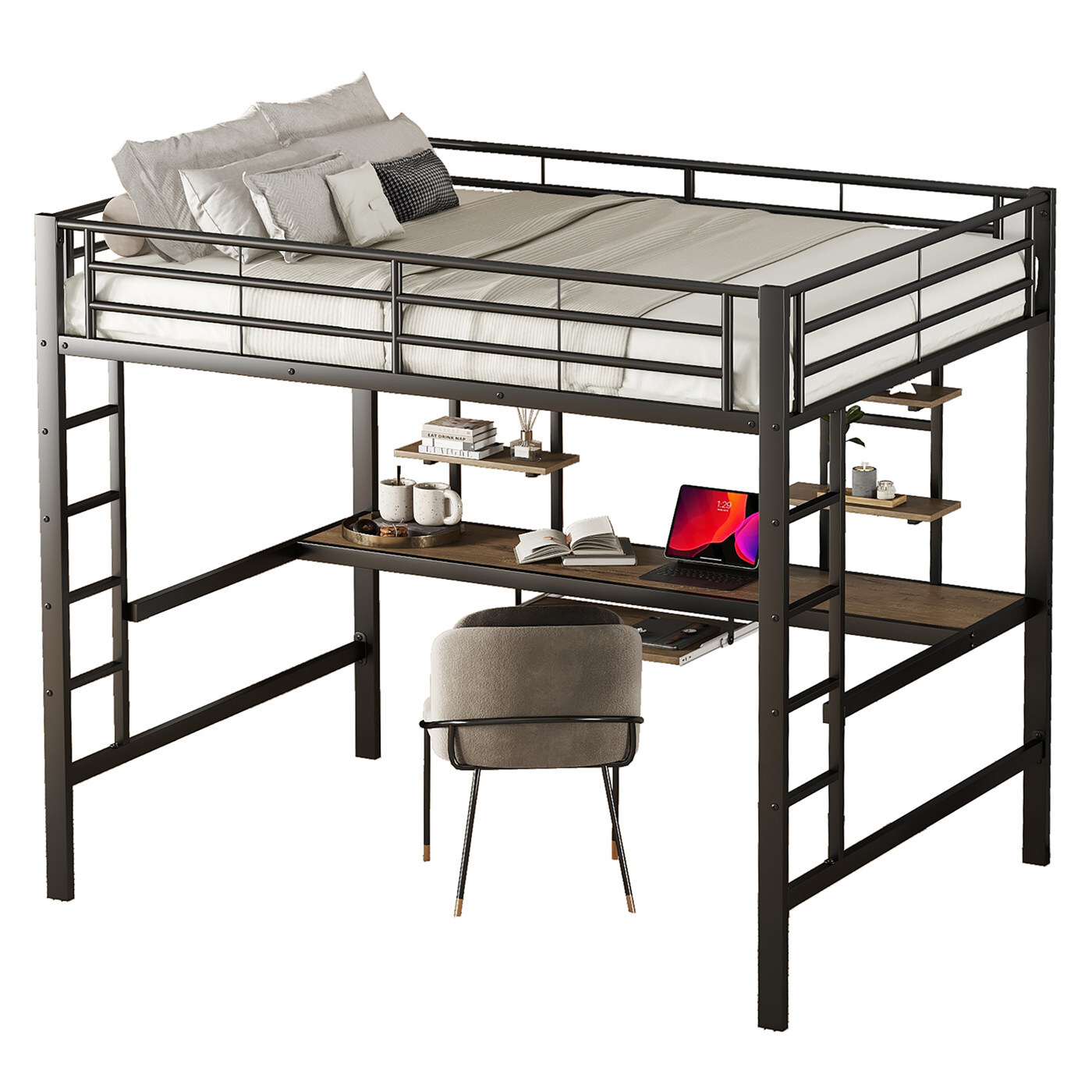 Hochbett(140*200cm,Schwarz)Bettgestell Metallbett,Eisenbett,Hochbett mit Schreibtisch und zwei Bücherregalen für Kinder,Jugendliche und Erwachsene