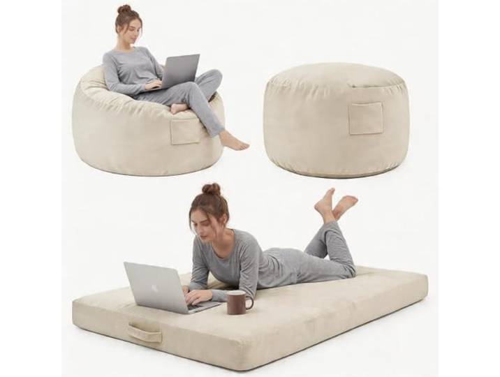 Furntrastar 3-in-1 Riesiger Sitzsack als Stuhl, Sofa & Bett – 120 cm, Samtweiches Flanell mit Memory-Schaum – Abnehmbarer & Waschbarer Bezug – Farbe: Milky White - Flanell