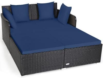 Costway Spacious Outdoor Rattan Daybed with Upholstered Cushions and Pillows-Navy
