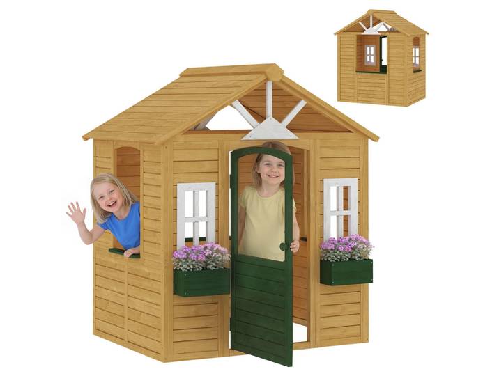 ComfortXL Spielhaus De-18700 mit Tür, Fenstern & 2 Blumenkästen Braun, 97x150x134.5 cm, Freizeit & Co, Gartenspielzeug, Spielhäuser