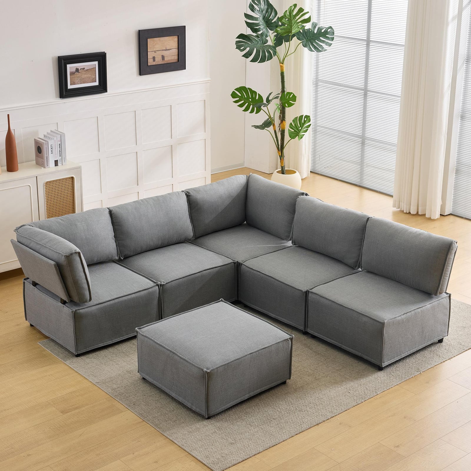 STILVORA Modulaire Grijze Hoekbankset van Linnenstof met Houten Frame