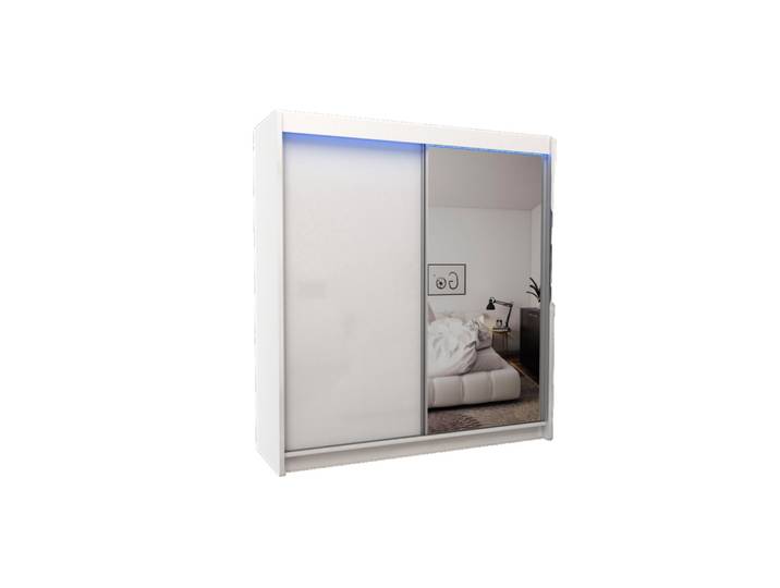 KLEIDERSCHRANK mit Spiegel-Schiebetüren und Aluminium-Leisten, LED-Beleuchtung - PARTI - 200 cm Weiß