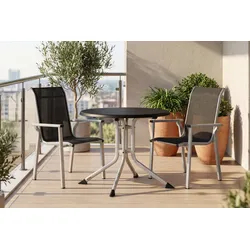 KETTLER BasicPlus Pro Balkon-Set, silber/anthrazit, Aluminium/Textilene/KETTALUX, Tisch Ø 70 cm, klappbar, 2 Stapelsessel