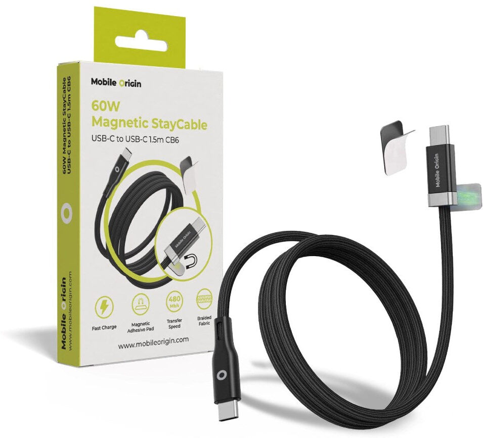 Mobile Origin Magnetisk USB-C til USB-C Kabel 60W m. 2x Selvklæbende Magnetiske Puder - 1,5m - Sort