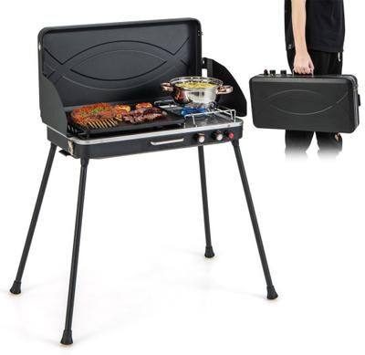 Costway 2-in-1 Gas Camping Grill and Stove with Detachable Legs-Black