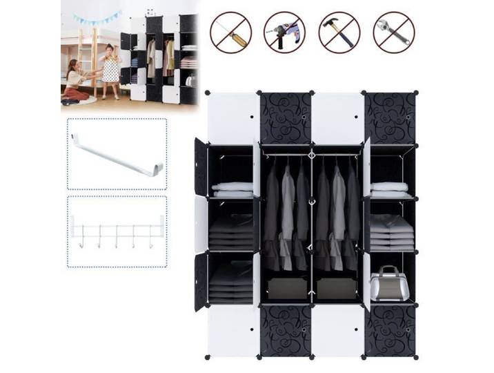 Penderie avec Portes XMTECH - Armoire de Chambre 20 Cubes - DIY Meuble de Rangement en Plastique - Noir et blanc