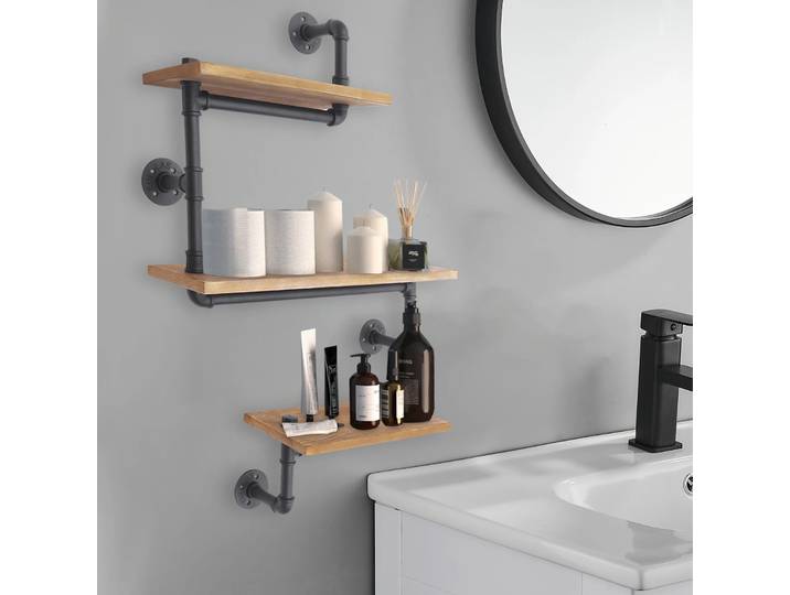 Étagère flottante en forme de tuyau industriel, métal rustique, étagères Steampunk en bois véritable, étagère murale suspendue (3 niveaux)