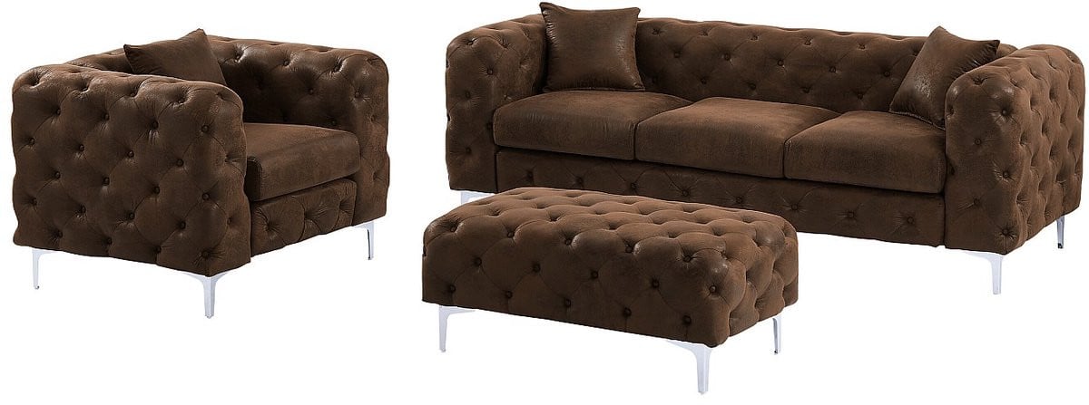 Edwina Chesterfield meubelset van microvezel met verouderd leereffect: driezitsbank, fauteuil en poef