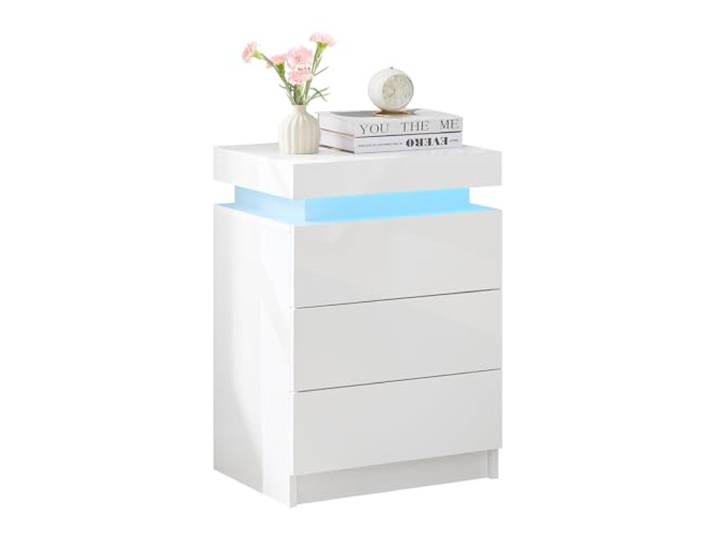 TUKAILAI Nachttisch mit LED Beleuchtung Hochglanz Weiß, mit 3 Schubladen Nachttisch 45x35x67,5 cm Aufklappbar Nachtschrank mit Fernbedienung RGB 7 Farben, Modern Nachtkommode für Schlafzimmer