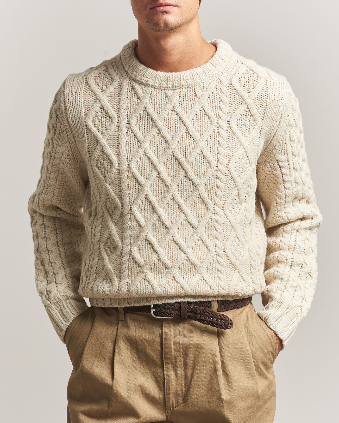Morris Ramsey Cable Sweater Off White men M Hvid