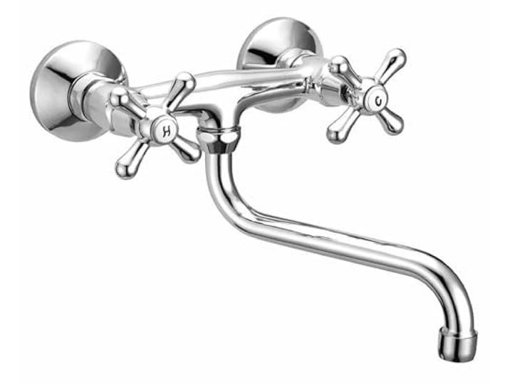 Schläfer 3460110 - Spültisch-Zweigriffarmatur Nostalgie, Kreuzgriff Wand-Spültischbatterie für Küchenspüle, mit Schwenkbarem S-Auslauf, Küchenarmatur, Wasserhahn Waschbecken