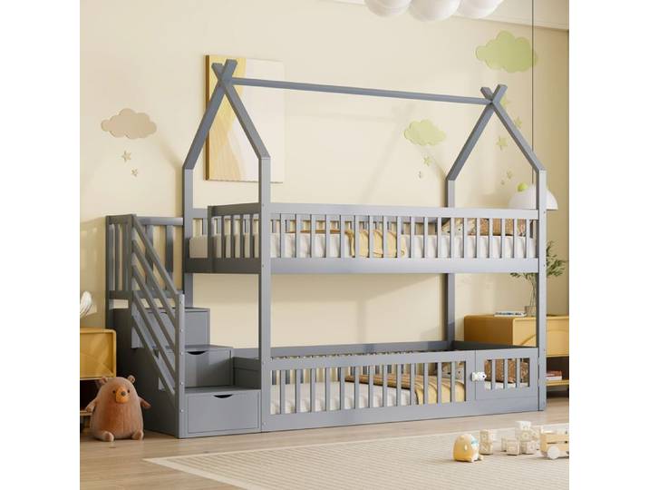 Lit superposé - TRUXEN8 - 90x200 - Bois massif - Gris - Toit maison