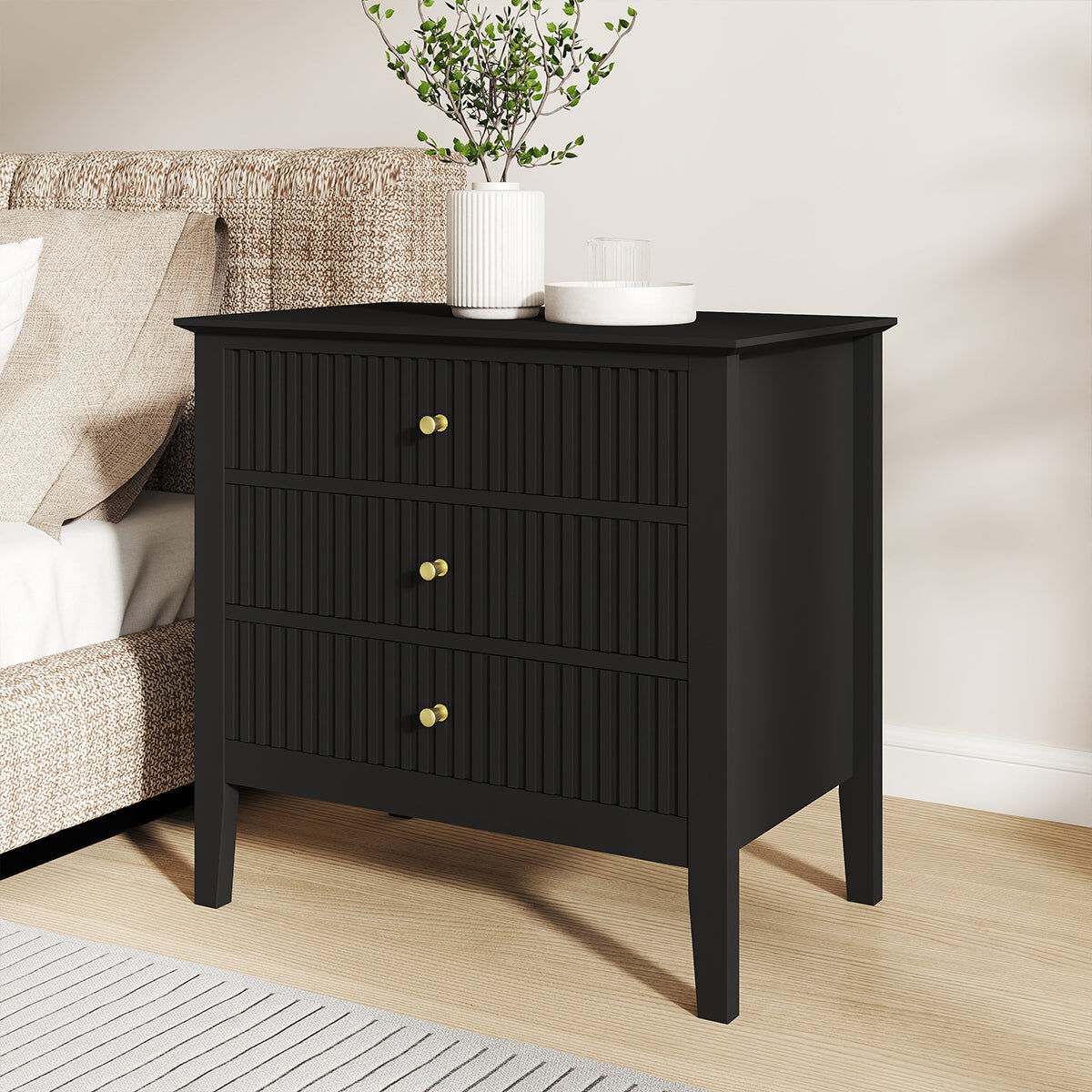 Large 6 Drawer Chest Of Drawers and Pair Of Large Bedside Tables - Hales Black Range Manufactured Wood, Metal
