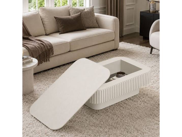 Table Basse Rectangulaire Cannelée avec Rangement Caché Table de Salon Moderne Plaquée de Bois massif Table D'appoint Crème