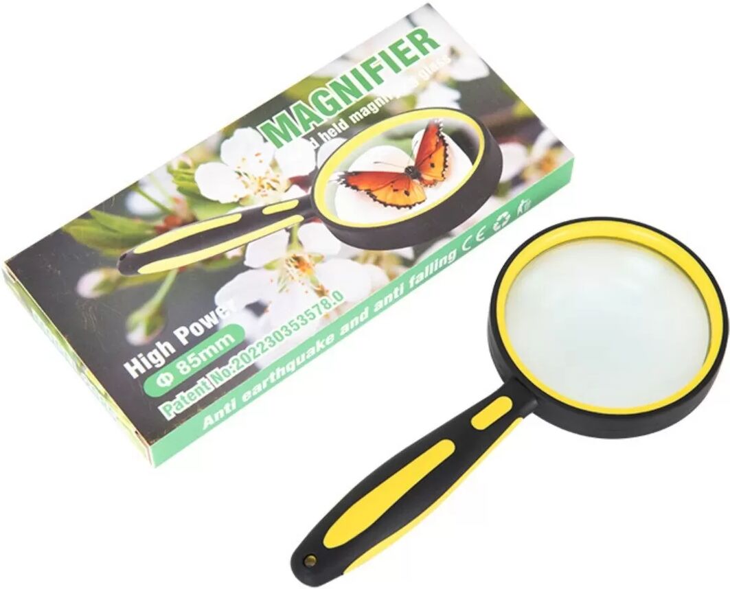 INF Loupe 10x à poignée caoutchouc bicolore jaune – Lentille en verre, loupe portable pour seniors, loisirs et estimation M