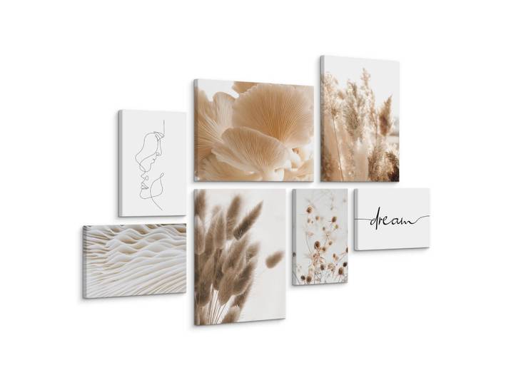 Muralo Leinwandbilder 7-er Set Pflanzen 3D, Schwarz, Weiß, Beige, Braun, Grau, Baum/Pflanze/Natur, Sprichwort/Zitat, Rechteckig, 110x80 cm, Bilder & Rahmen, Bilder