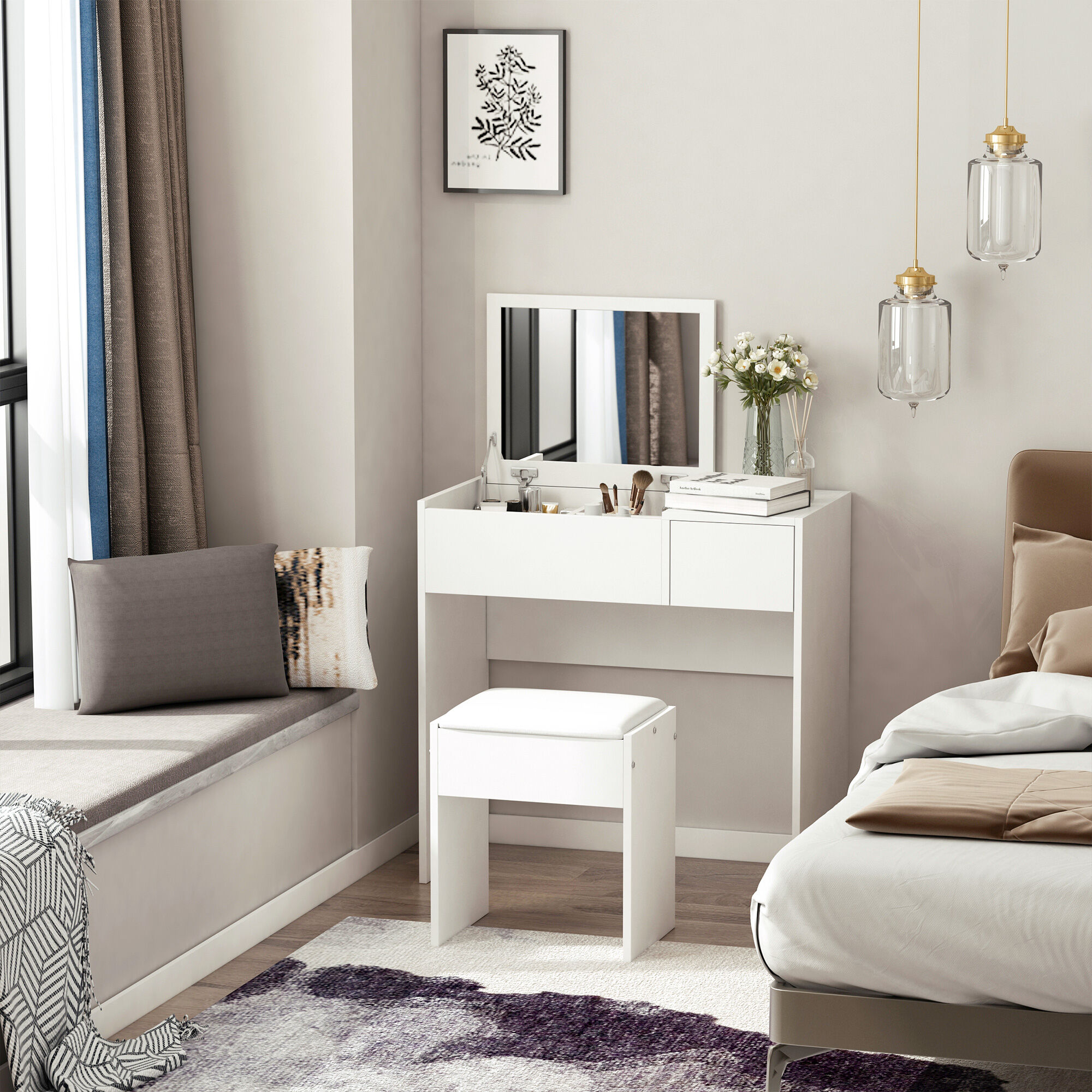 Altro Postazione Trucco Con Specchio Richiudibile, Toeletta Trucco Moderno, Con Sgabello, Vano Contenitore A 4 Scomparti, Mdf Bianco, 80x40x79 cm