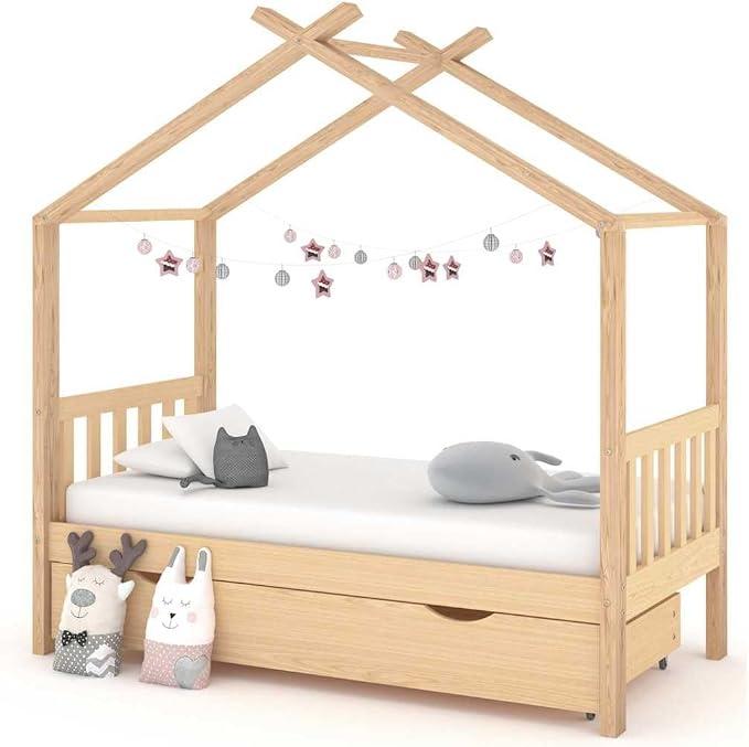 Kinderbett mit Schublade aus massivem Kiefernholz, Lattenrost Design, 80 x 160 cm, Bettrahmen im Baumhaus-Stil, mit Stauraum für Spielzeug, für Kinderzimmer