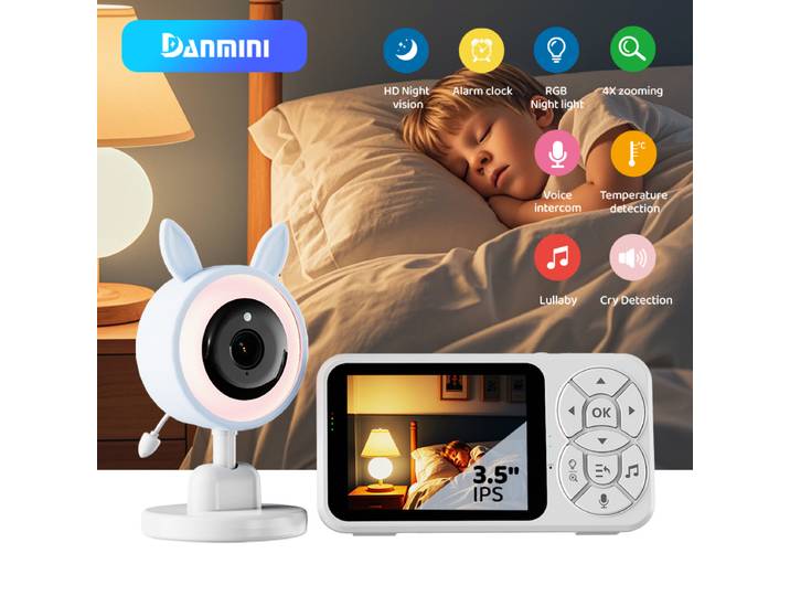 Moniteur bébé 3.5 pouces, caméra 0.3 mégapixels avec veilleuse RGB, détection de température, interphone vocal, Vision nocturne, moniteurs de sécurité