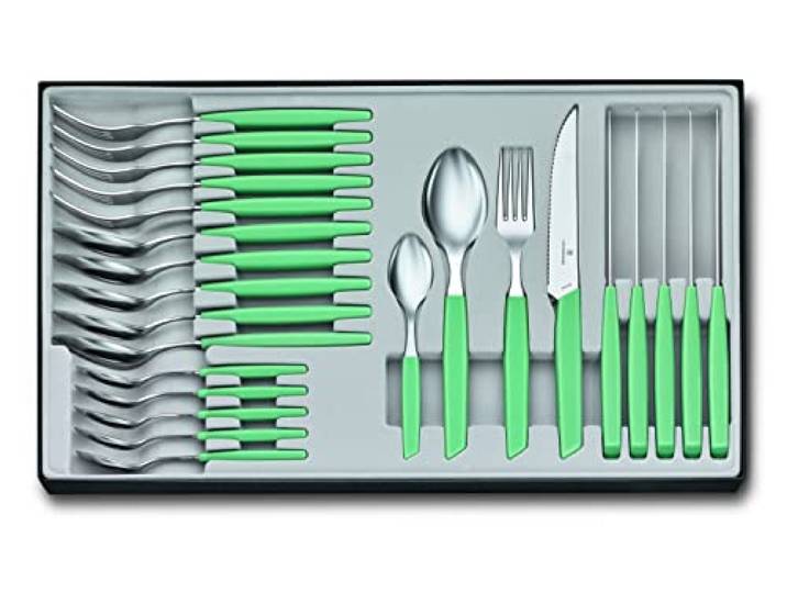 Victorinox Swiss Modern Besteck-Set für 6 Personen, 24-teilig, Inkl. Scharfe Steakmesser mit Wellenschliff, Kunststoffgriffe, Minzgrün