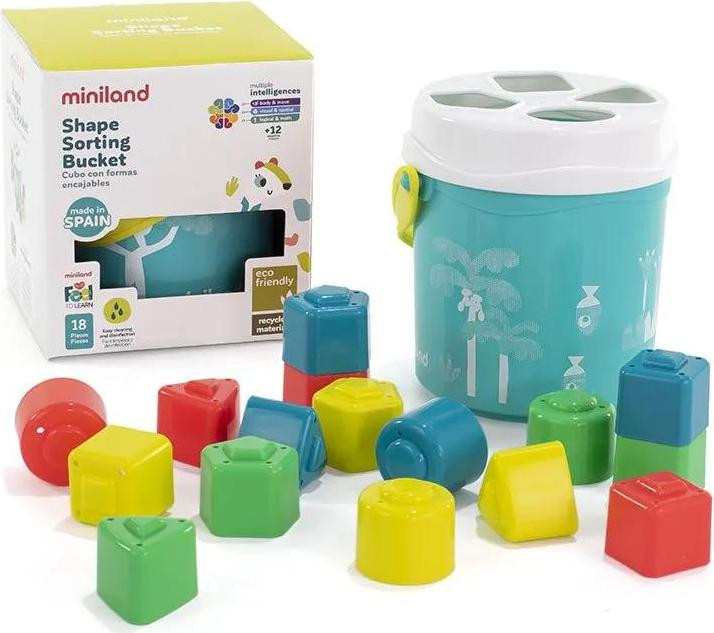 Miniland Kbelík met blokken voor het sorteren van vormen, turquoise