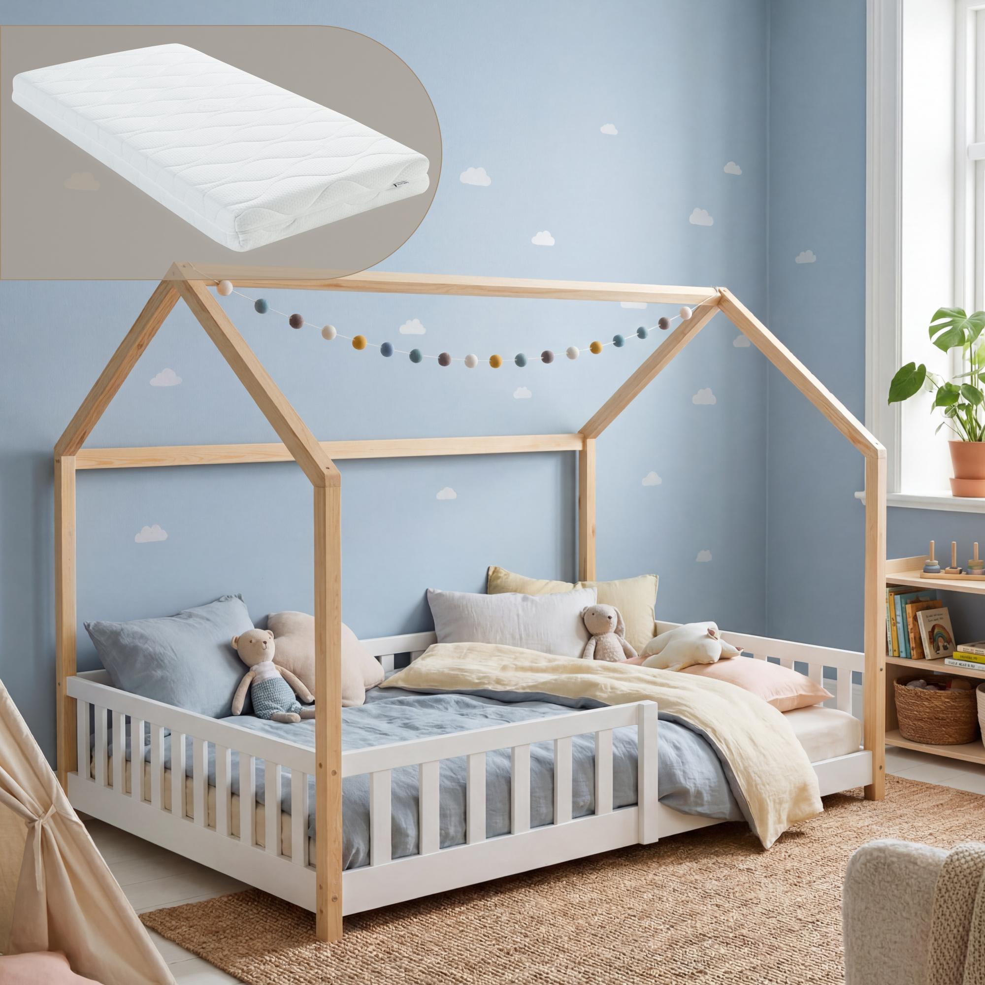 Hausbett 'Hesel' für Kinder mit Matratze und Rausfallschutz 140 x 200 cm Kiefernholz Weiß/Natur