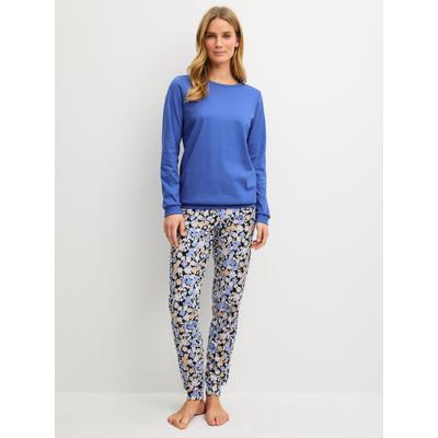 Schlafanzug CALIDA "Flower Dreams", Damen, Gr. M (44/46), blau (deep cobalt), Interlock, Obermaterial: 100% Baumwolle, bequem lang, Rundhals, angesetztes Bündchen, Homewear-Sets Schlafanzug, Langarm, Rundhals, Interlock-Qualität, weich, bequem