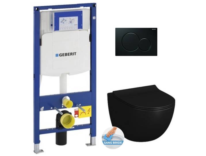 Pack WC Bati-support Geberit + Cuvette Vitra SENTO noire sans bride fixations invisibles + Abattant + Plaque noire (GebBlackSent