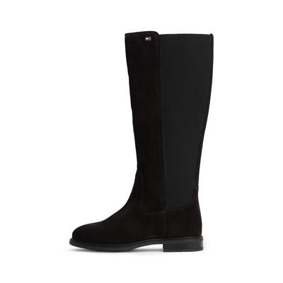Stiefel TOMMY HILFIGER "ENAMEL FLAG SUEDE HIGH CHELSEA", Damen, Gr. 38, Normalschaft, schwarz, Elastischer Einsatz, Veloursleder, unifarben, Schuhe Stiefel, Blockabsatz, Langschaftstiefel mit Label-Flag