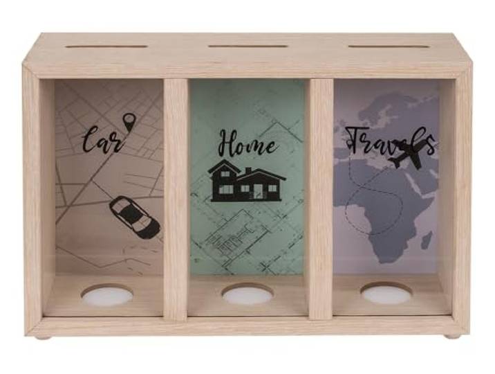 ootb Spaarpot met 3 vakken, hout, vakantiekassa, spaarpot, cadeau-idee, reiskoffer, auto, thuis, reizen, eenheidsmaat, meerkleurig