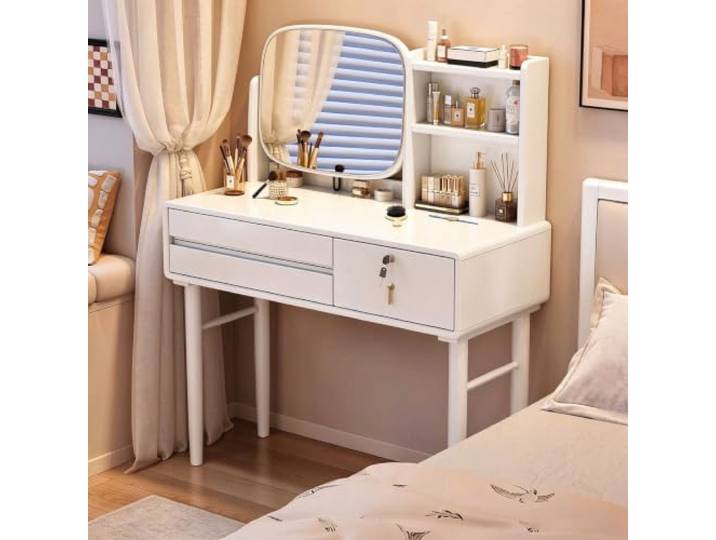 Schminktisch aus Gummiholz mit Spiegel und Aufbewahrungsregalen Schminktisch Massivholz abschließbaren Schubladen,Aufbewahrungsregal,abgerundete Kanten,für Schlafzimmer(White)