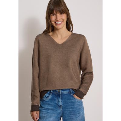 V-Ausschnitt-Pullover CECIL, Damen, Gr. S (38), braun (truffle braun), Web, 100% Baumwolle, unifarben, comfort fit normal, V-Ausschnitt, Rippbündchen, Pullover, mit V-Ausschnitt