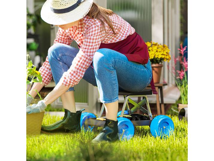 Outsunny Tabouret Jardinage avec Roues et Plateau Outils Bleu
