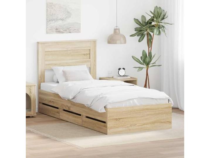 RJPLMFV Bettgestell, Sonoma-Eiche, 100 x 200 cm Mit Schubladen, Holz, nachhaltige Technik, modernes Design, freistehend, pflegeleicht
