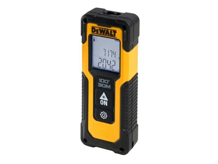 DEWALT Télémètre laser 30 m\, précision +/-3 mm\, DWHT77100-XJ Télémètre laser 30 m avec précision de +/-3\,0 mm\, modes métrique et impérial\, et fonctions surface\, volume et Pythagore.