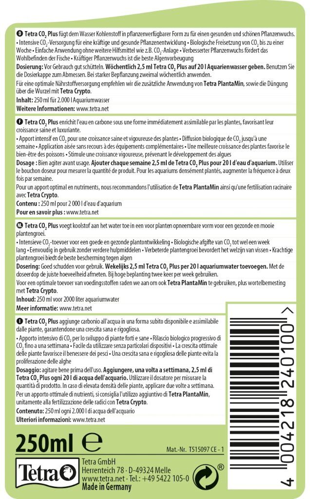 250 ml Tetra CO2 Plus Nutrienti Essenziali per la Crescita di Piante Acquatiche in Acquario