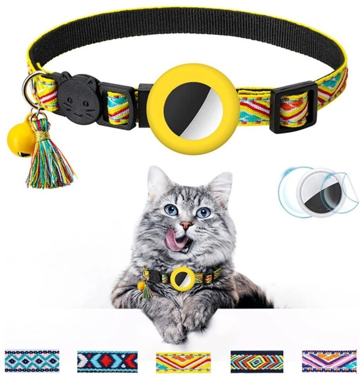 INF Collier pour animal avec pompon et clochette pour AirTag - Collier réglable en polyester compatible avec Apple AirTag Jaune