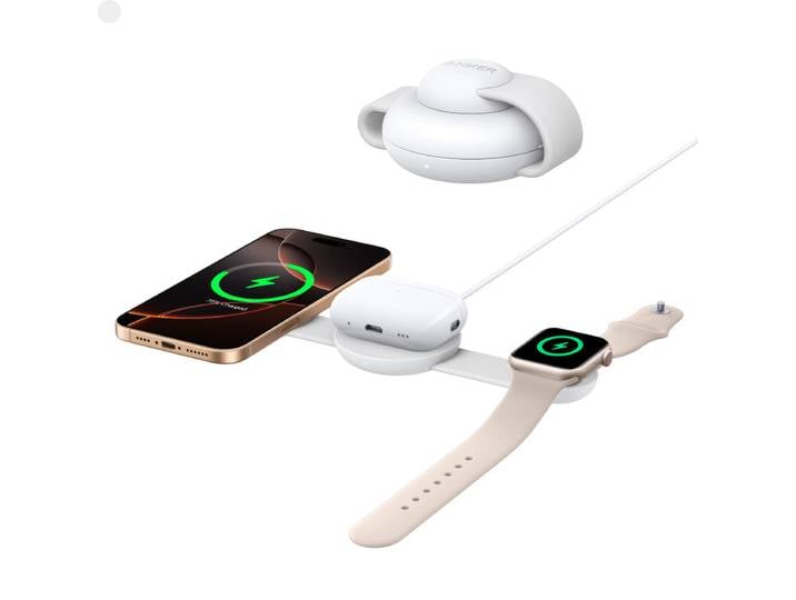 Anker MagGo station de charge sans fil 3-en-1, compatible MagSafe, certifiée Qi2 15W, chargeur de voyage pliable, pour iPhone 17/16/15/14, AirPods, Apple Watch (chargeur USB-C inclus)