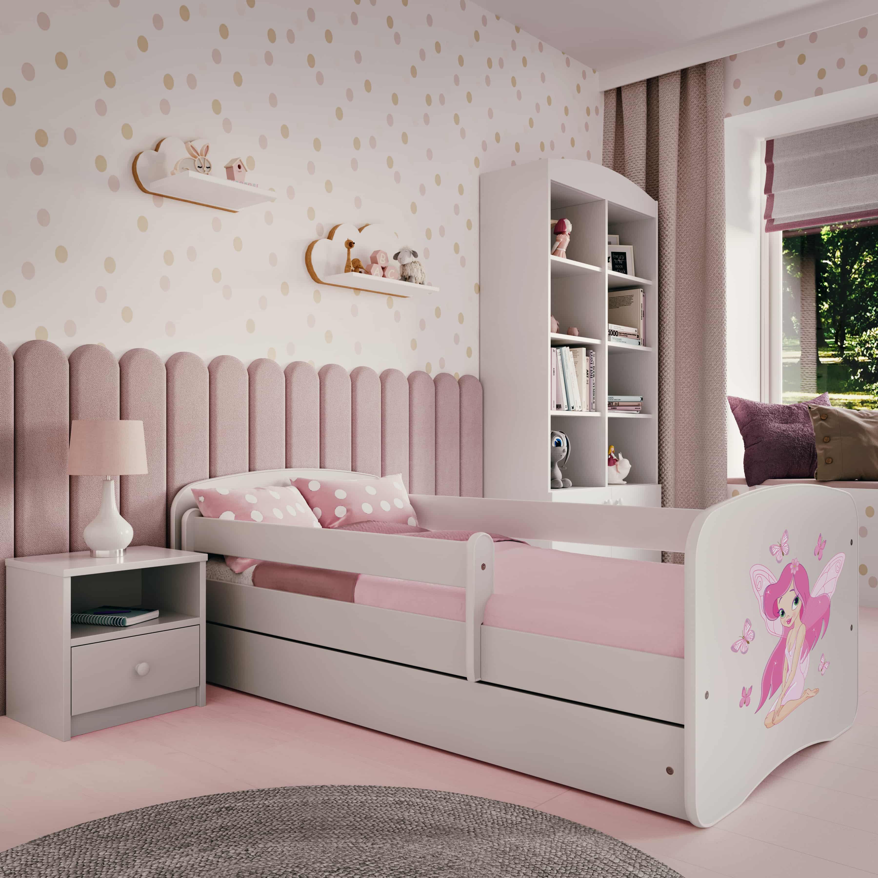 Kinderbett Jugendbett Fee mit Schmetterlingen 70x140, 80x160, 80x180 cm - Komplettset mit Schublade & Rausfallschutz