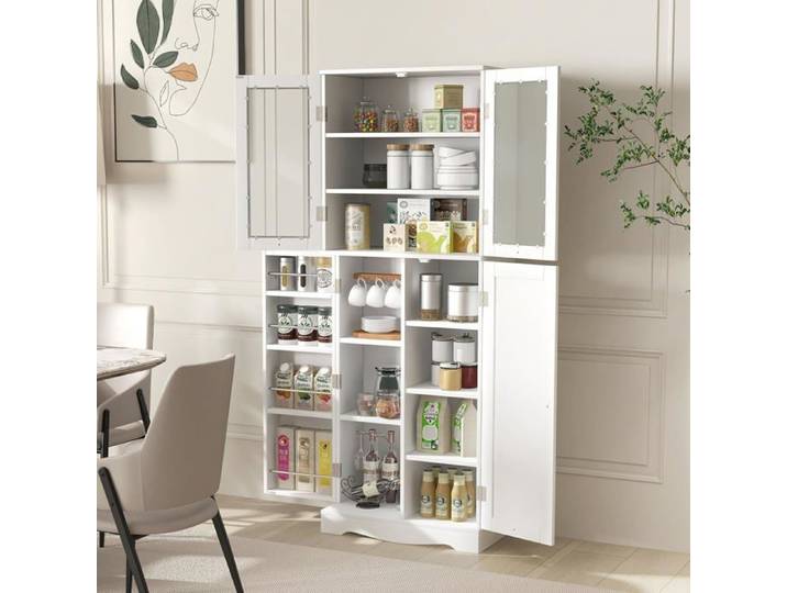 GOPLUS Buffet Haut de Cuisine H.161 5CM-Étagères de Porte + 1 Placard à Portes en Verre Trempé-Dispositif Anti-basculement Blanc