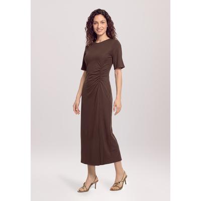 Midikleid CARTOON "Damen mit Raffung", Damen, Gr. 46, Normalgrößen, dunkelbraun, Obermaterial: 67% Viskose, 28% Polyamid, 5% Elasthan, tailliert lang, Rundhals, Kleider Midikleid